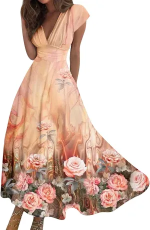 Womens Summer Dresses Wrap V Neck Floral Print Boho Dress Flowy Ruched Sleeveless Maxi Dress High Waist Sundress