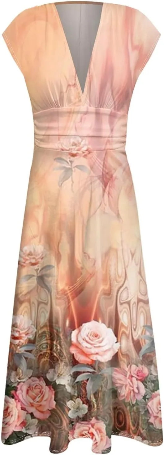 Womens Summer Dresses Wrap V Neck Floral Print Boho Dress Flowy Ruched Sleeveless Maxi Dress High Waist Sundress