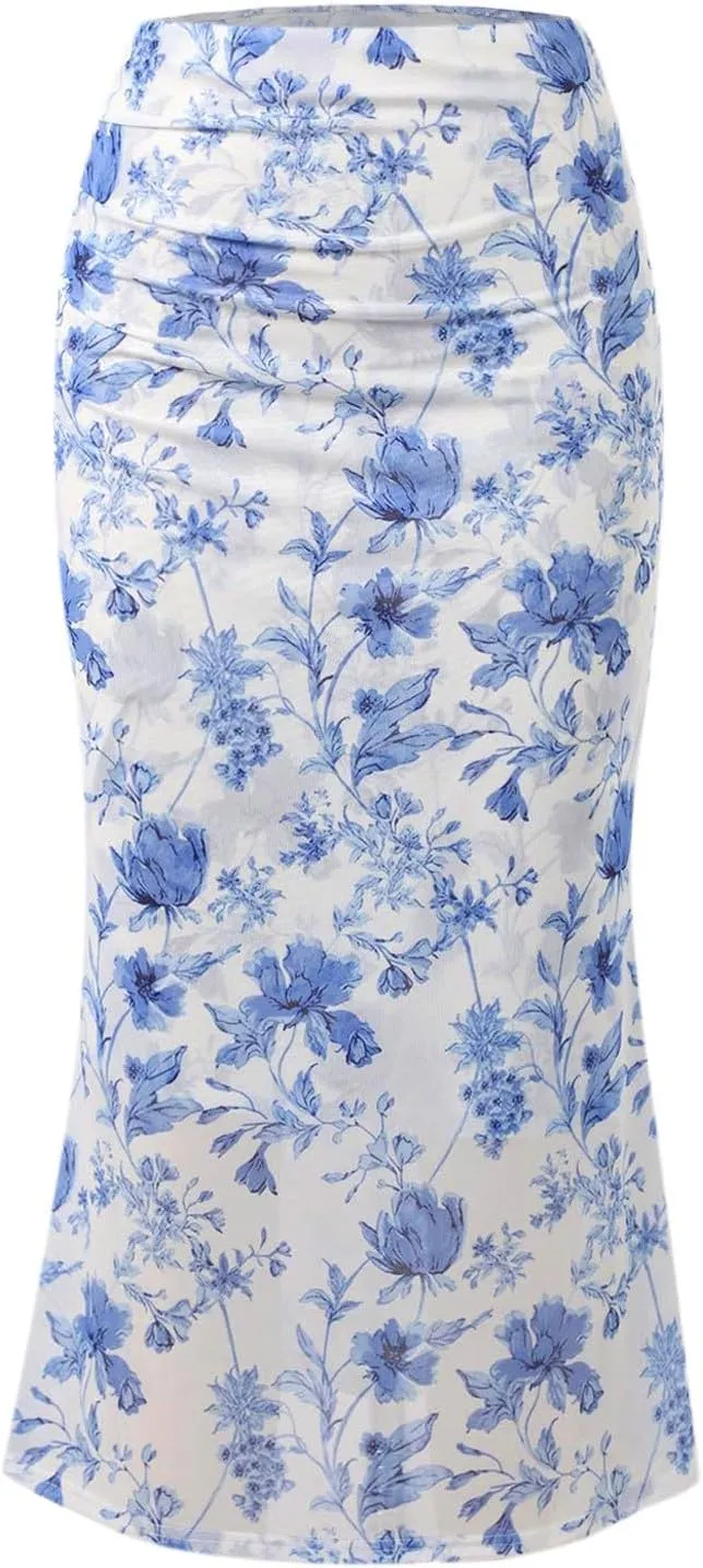 Women's Summer Floral Mesh Pencil Skirt Casual Trendy High Waist Ruched Boho Skirts Slimming Maxi Long Skirt