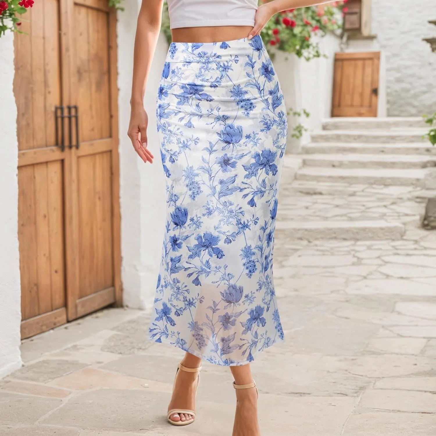 Women's Summer Floral Mesh Pencil Skirt Casual Trendy High Waist Ruched Boho Skirts Slimming Maxi Long Skirt