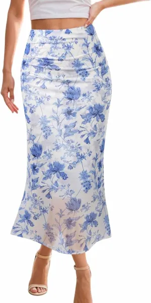 Women's Summer Floral Mesh Pencil Skirt Casual Trendy High Waist Ruched Boho Skirts Slimming Maxi Long Skirt
