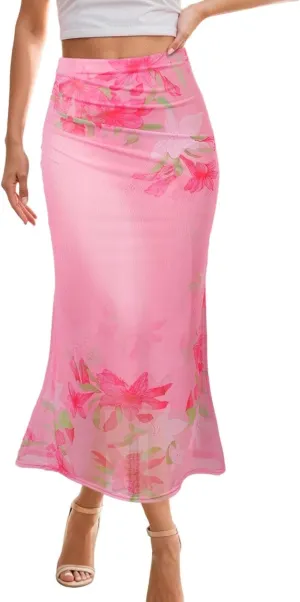 Women's Summer Floral Mesh Pencil Skirt Casual Trendy High Waist Ruched Boho Skirts Slimming Maxi Long Skirt