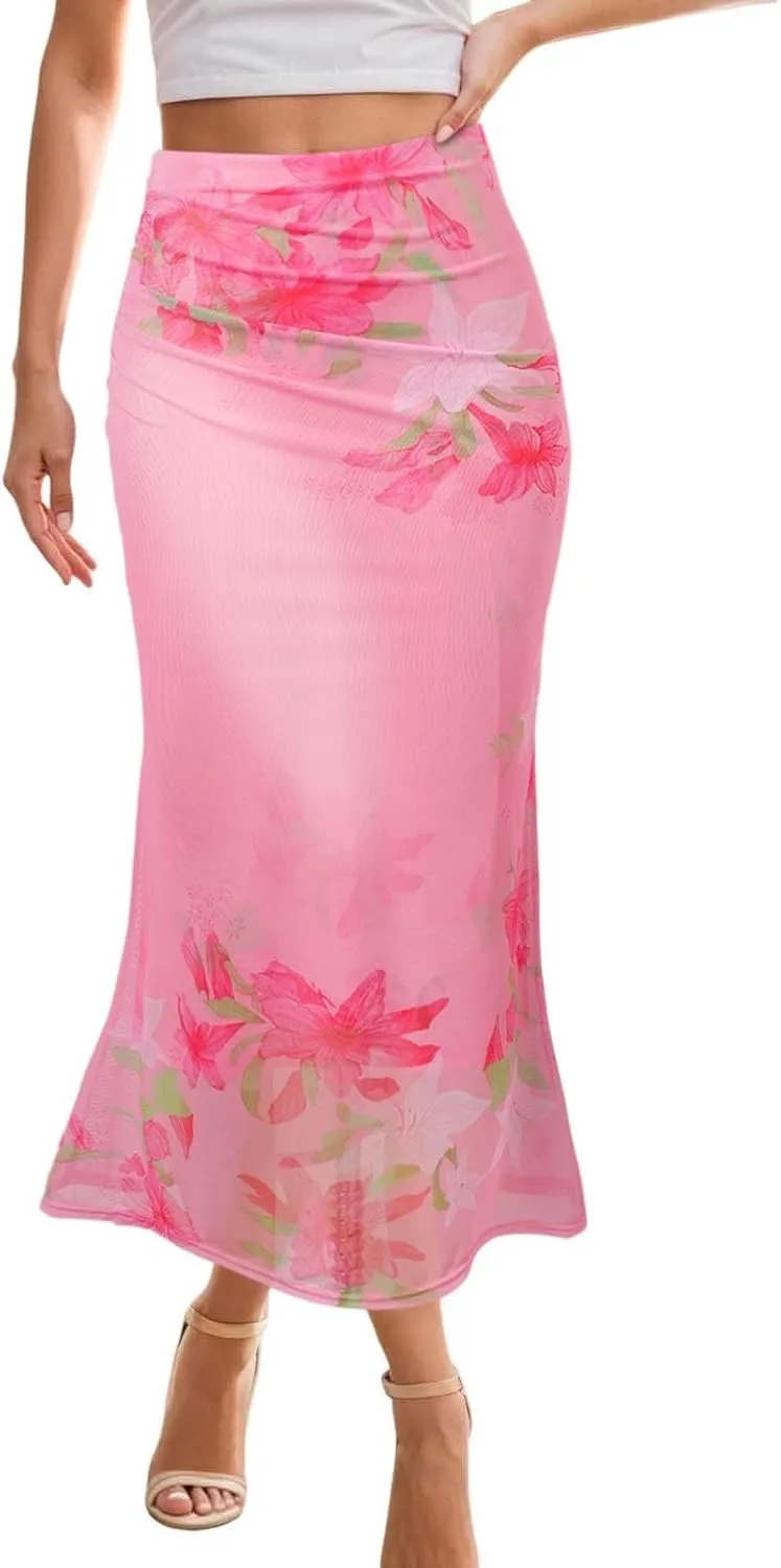 Women's Summer Floral Mesh Pencil Skirt Casual Trendy High Waist Ruched Boho Skirts Slimming Maxi Long Skirt