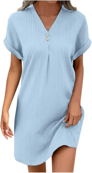 Womens Summer Shirt Dress Short Sleeve Solid Shift Dress Casual Loose Flowy Beach Vacation Sundress with Pockets