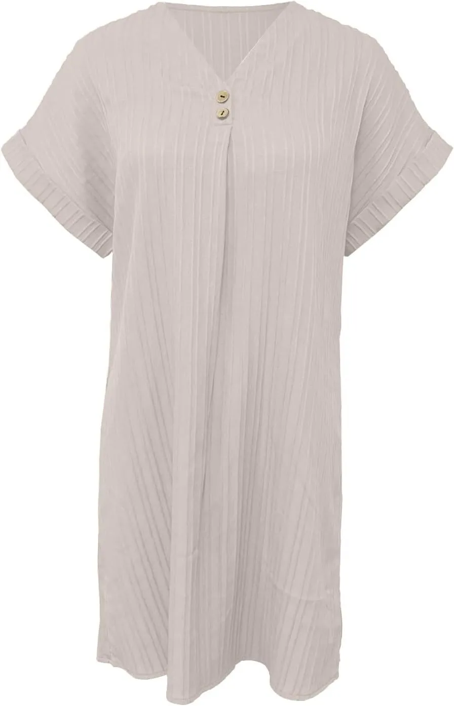 Womens Summer Shirt Dress Short Sleeve Solid Shift Dress Casual Loose Flowy Beach Vacation Sundress with Pockets
