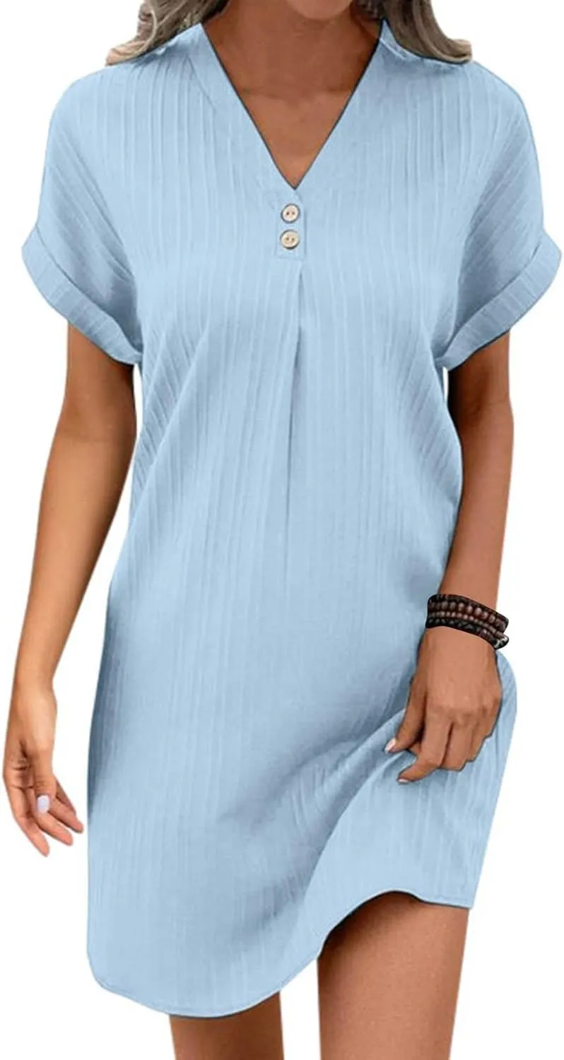 Womens Summer Shirt Dress Short Sleeve Solid Shift Dress Casual Loose Flowy Beach Vacation Sundress with Pockets