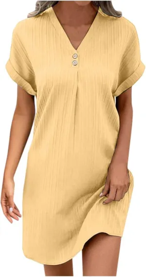 Womens Summer Shirt Dress Short Sleeve Solid Shift Dress Casual Loose Flowy Beach Vacation Sundress with Pockets