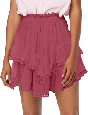 Women's Summer Skirts 2025 Casual Loose Trendy Elastic Waist Solid Color Pleated Sun Tennis Beach Skirt, S-2XL
