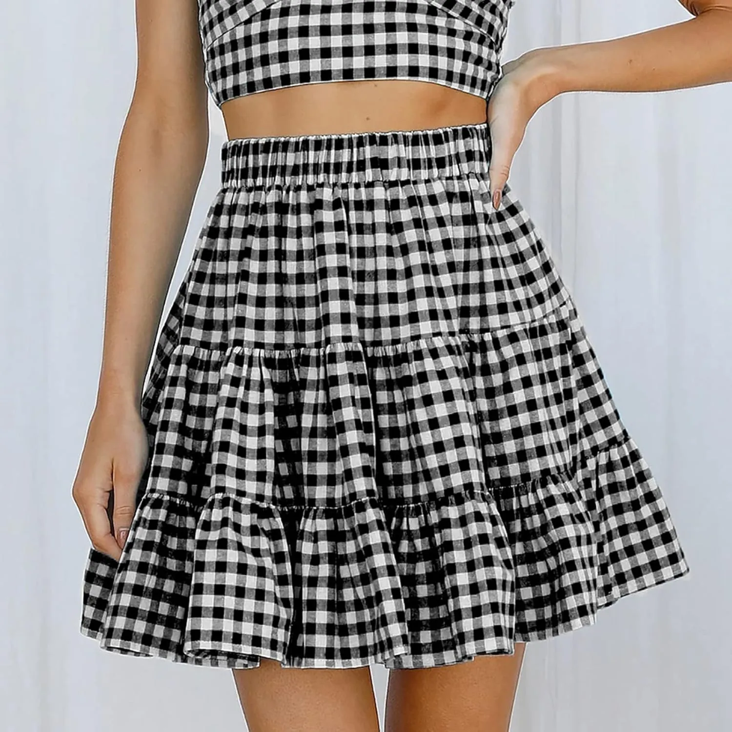 Women's Summer Skirts High Waist Ruffle Tiered Plaid Mini Skirt A line Beach Cute Skirts Pleated Cheer Women