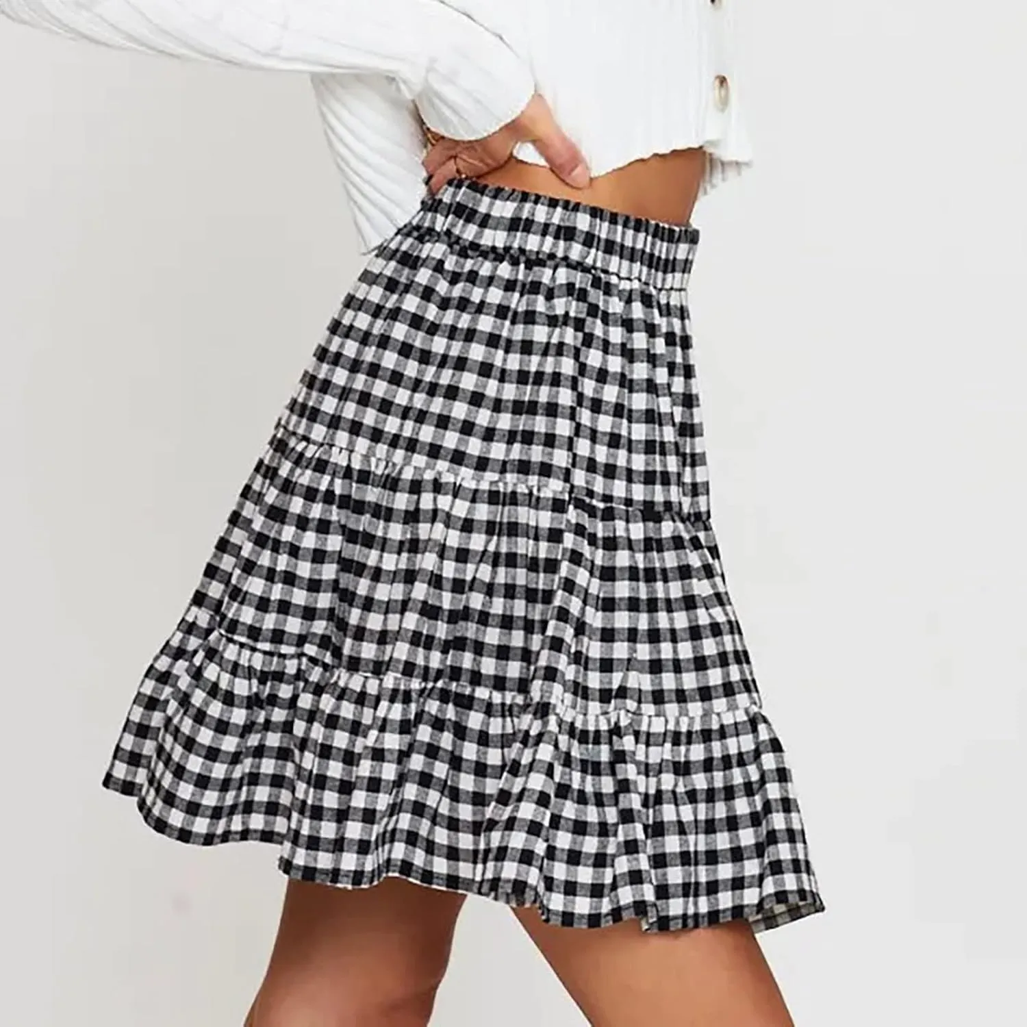 Women's Summer Skirts High Waist Ruffle Tiered Plaid Mini Skirt A line Beach Cute Skirts Pleated Cheer Women