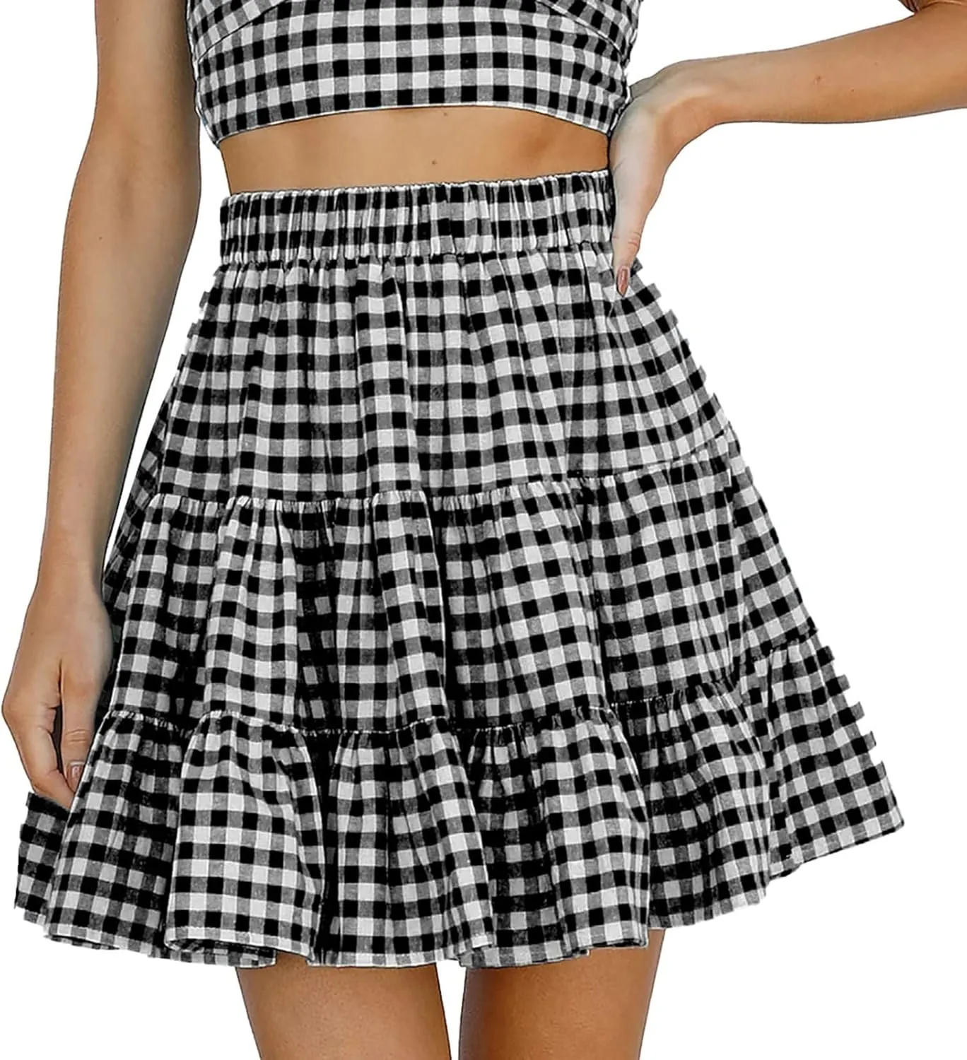 Women's Summer Skirts High Waist Ruffle Tiered Plaid Mini Skirt A line Beach Cute Skirts Pleated Cheer Women