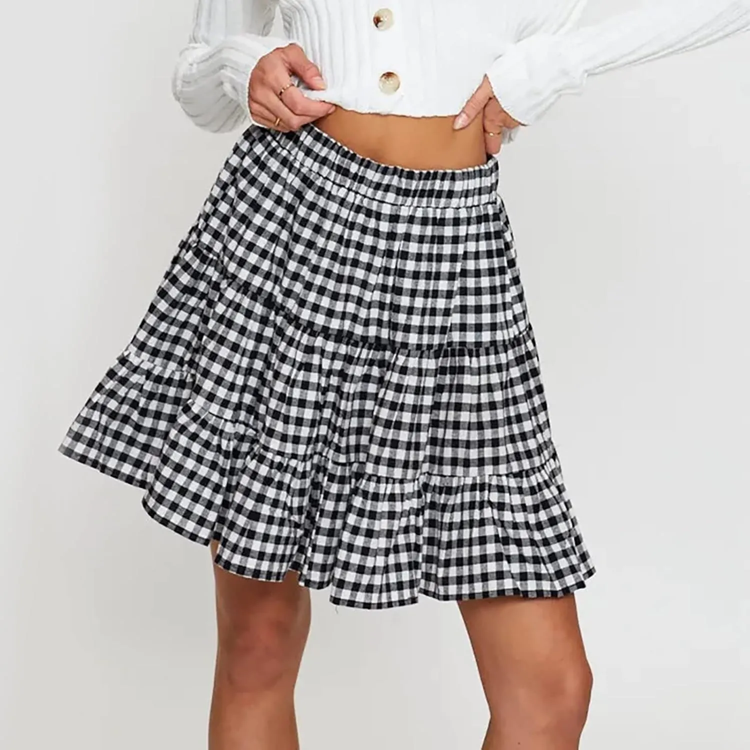 Women's Summer Skirts High Waist Ruffle Tiered Plaid Mini Skirt A line Beach Cute Skirts Pleated Cheer Women