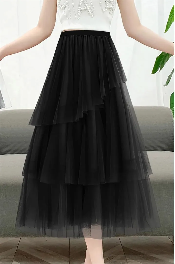 WomenS Summer Tulle Skirt Multi Layered Tulle Elastic Waist A Line Flowy Swing Pleated Skirts