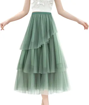 WomenS Summer Tulle Skirt Multi Layered Tulle Elastic Waist A Line Flowy Swing Pleated Skirts