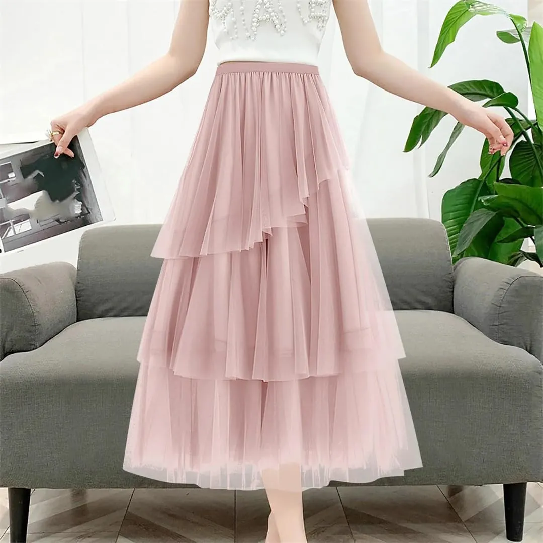WomenS Summer Tulle Skirt Multi Layered Tulle Elastic Waist A Line Flowy Swing Pleated Skirts