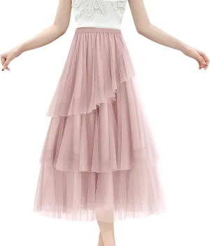 WomenS Summer Tulle Skirt Multi Layered Tulle Elastic Waist A Line Flowy Swing Pleated Skirts