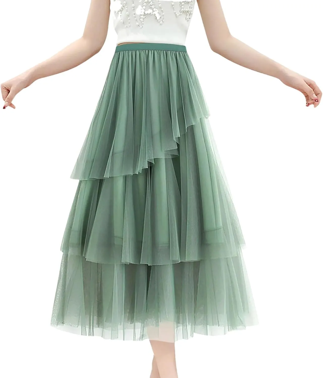 WomenS Summer Tulle Skirt Multi Layered Tulle Elastic Waist A Line Flowy Swing Pleated Skirts