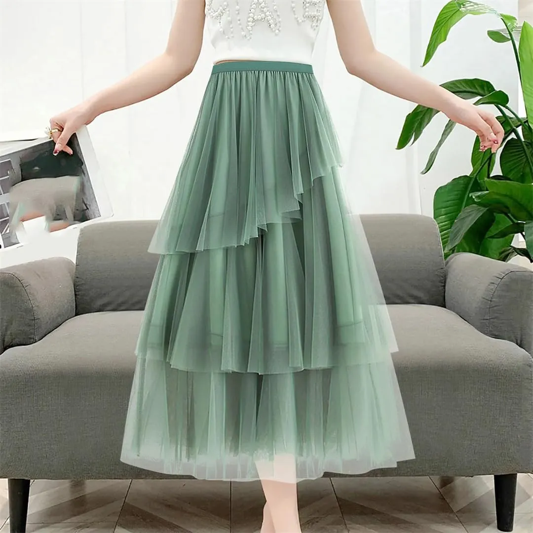 WomenS Summer Tulle Skirt Multi Layered Tulle Elastic Waist A Line Flowy Swing Pleated Skirts