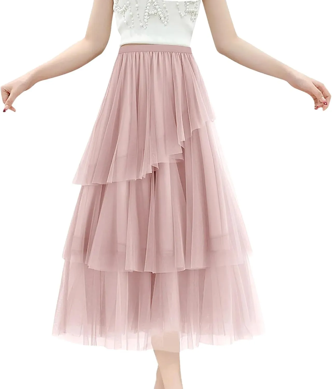 WomenS Summer Tulle Skirt Multi Layered Tulle Elastic Waist A Line Flowy Swing Pleated Skirts