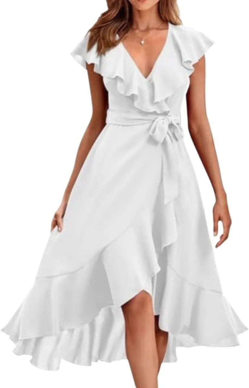Women's Summer Wrap Midi Dress Casual Boho Deep V Neck Short Sleeve Ruffle Hem Split Beach Long Dresses