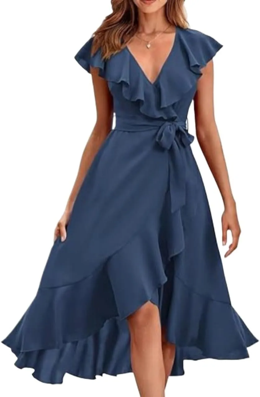 Women's Summer Wrap Midi Dress Casual Boho Deep V Neck Short Sleeve Ruffle Hem Split Beach Long Dresses