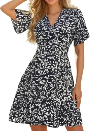 Womens Sundress Summer Casual Floral Short Sleeve Wrap V Neck A-Line Midi Dress Vacation Beach Dresses