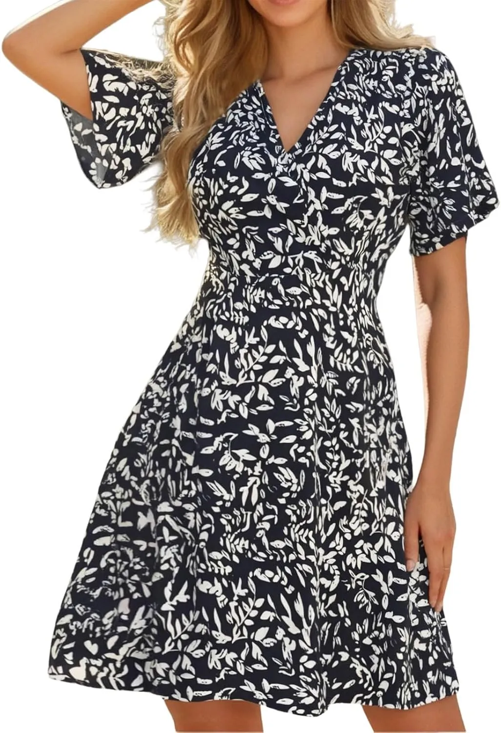 Womens Sundress Summer Casual Floral Short Sleeve Wrap V Neck A-Line Midi Dress Vacation Beach Dresses