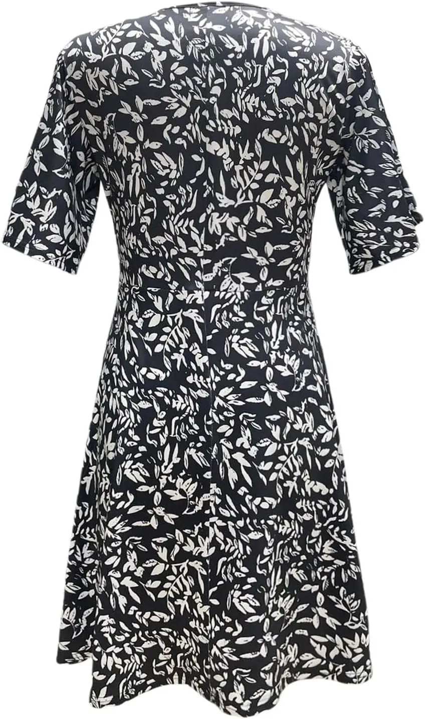 Womens Sundress Summer Casual Floral Short Sleeve Wrap V Neck A-Line Midi Dress Vacation Beach Dresses