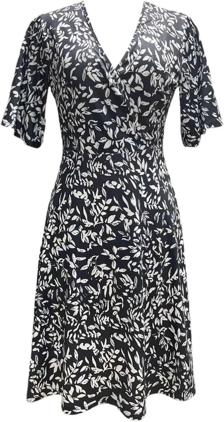 Womens Sundress Summer Casual Floral Short Sleeve Wrap V Neck A-Line Midi Dress Vacation Beach Dresses