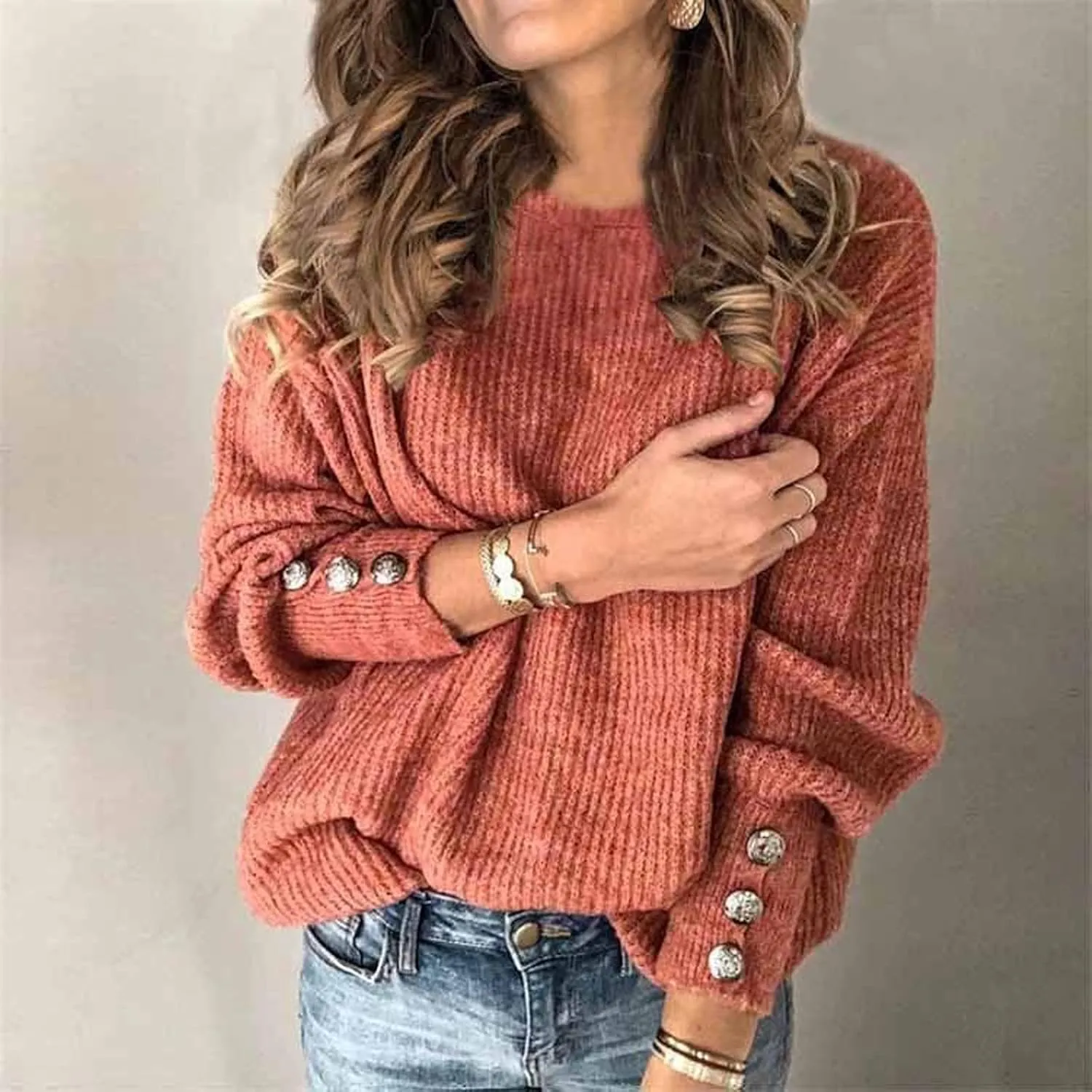 Women's Sweaters 2024 Fall Winter Leisure Comfy Solid Color Oversized Turtleneck Pullover Sweater with Buttons