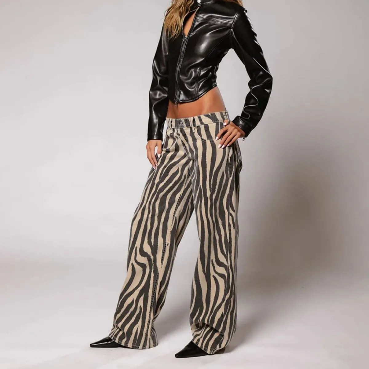 Women's Tiger Print Pants High Waist Straight Leg Trousers Casual Pants Stripe Print Pants with Pockets Y2K
