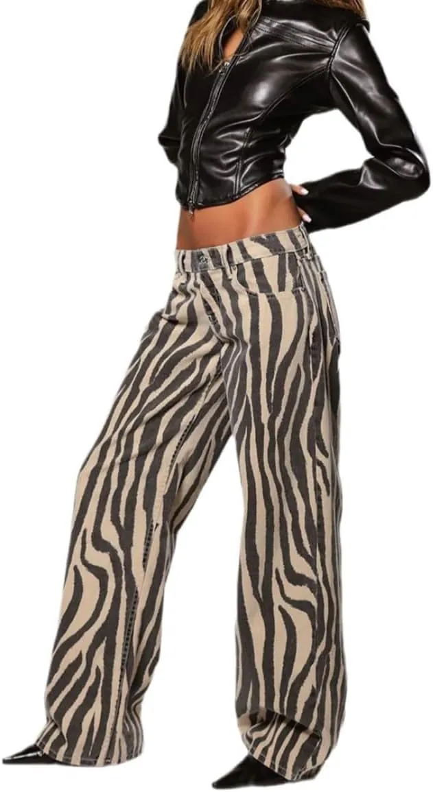 Women's Tiger Print Pants High Waist Straight Leg Trousers Casual Pants Stripe Print Pants with Pockets Y2K
