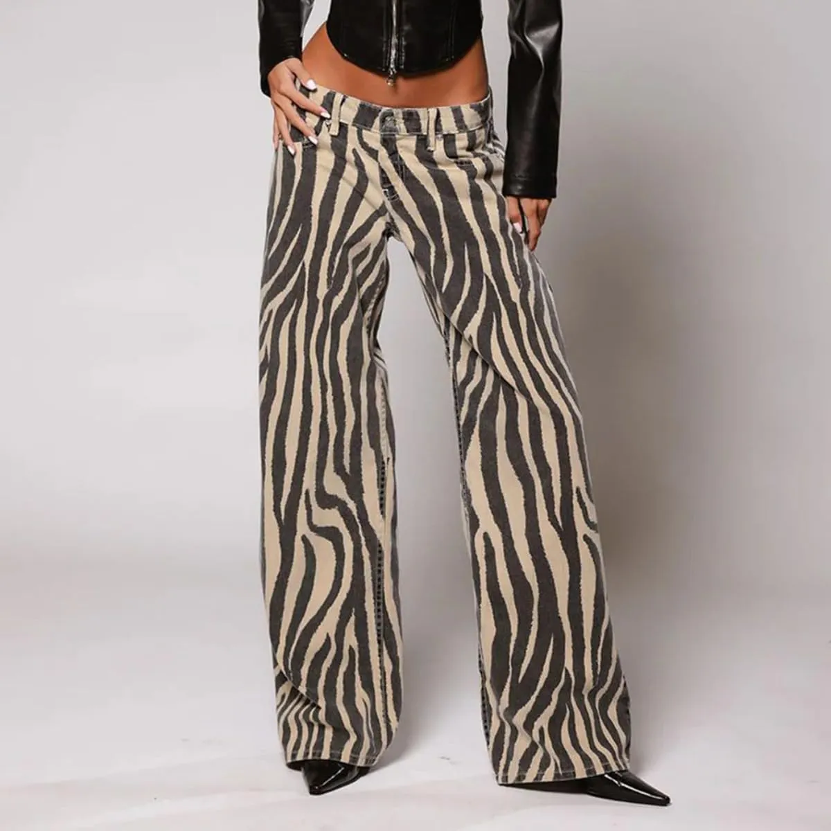 Women's Tiger Print Pants High Waist Straight Leg Trousers Casual Pants Stripe Print Pants with Pockets Y2K