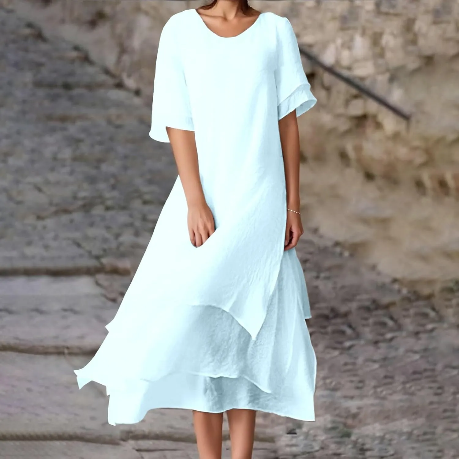 Womens Trendy Dress Layered Flowy Summer Beach Maxi Dresses Elegant Crewneck 3/4 Sleeve Casual Loose Long Skirts