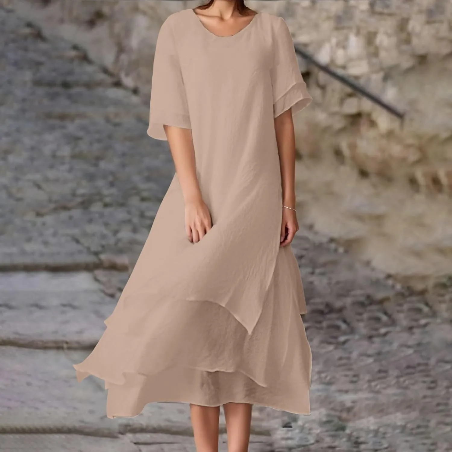 Womens Trendy Dress Layered Flowy Summer Beach Maxi Dresses Elegant Crewneck 3/4 Sleeve Casual Loose Long Skirts