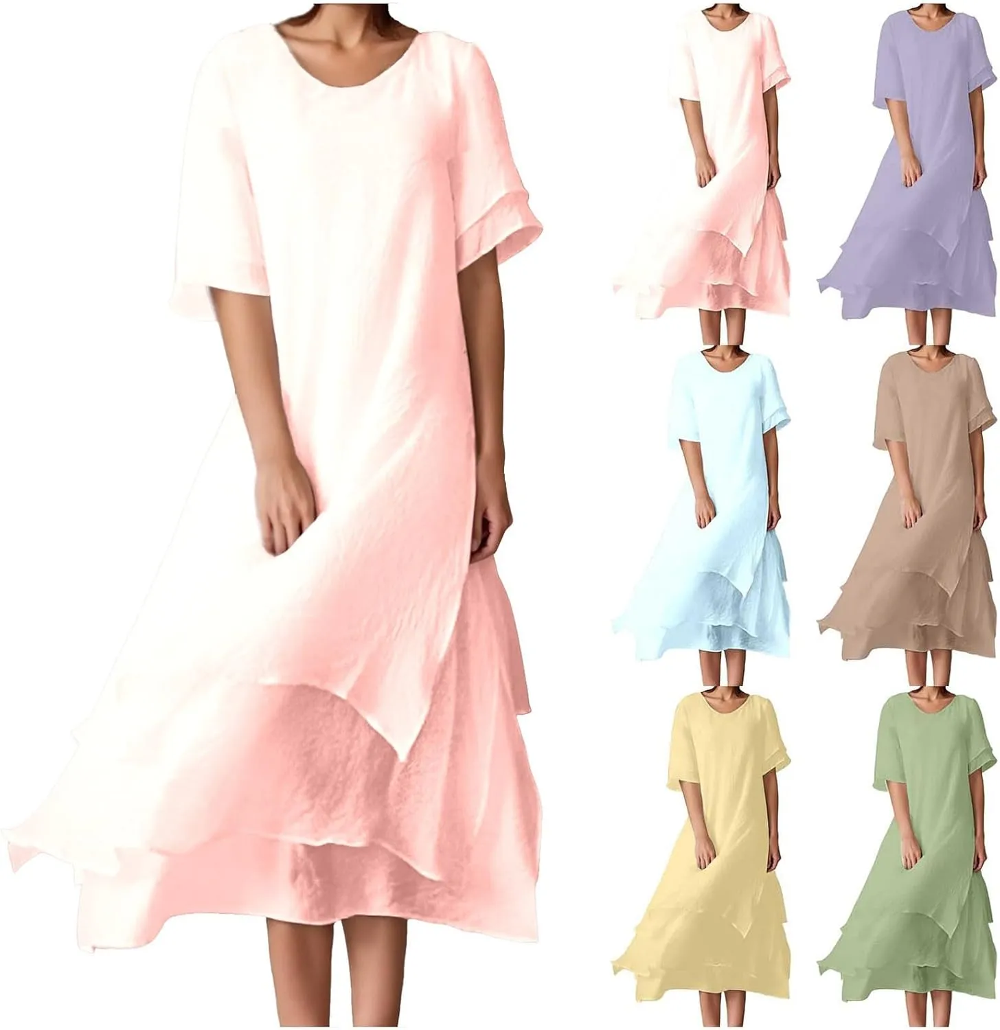 Womens Trendy Dress Layered Flowy Summer Beach Maxi Dresses Elegant Crewneck 3/4 Sleeve Casual Loose Long Skirts
