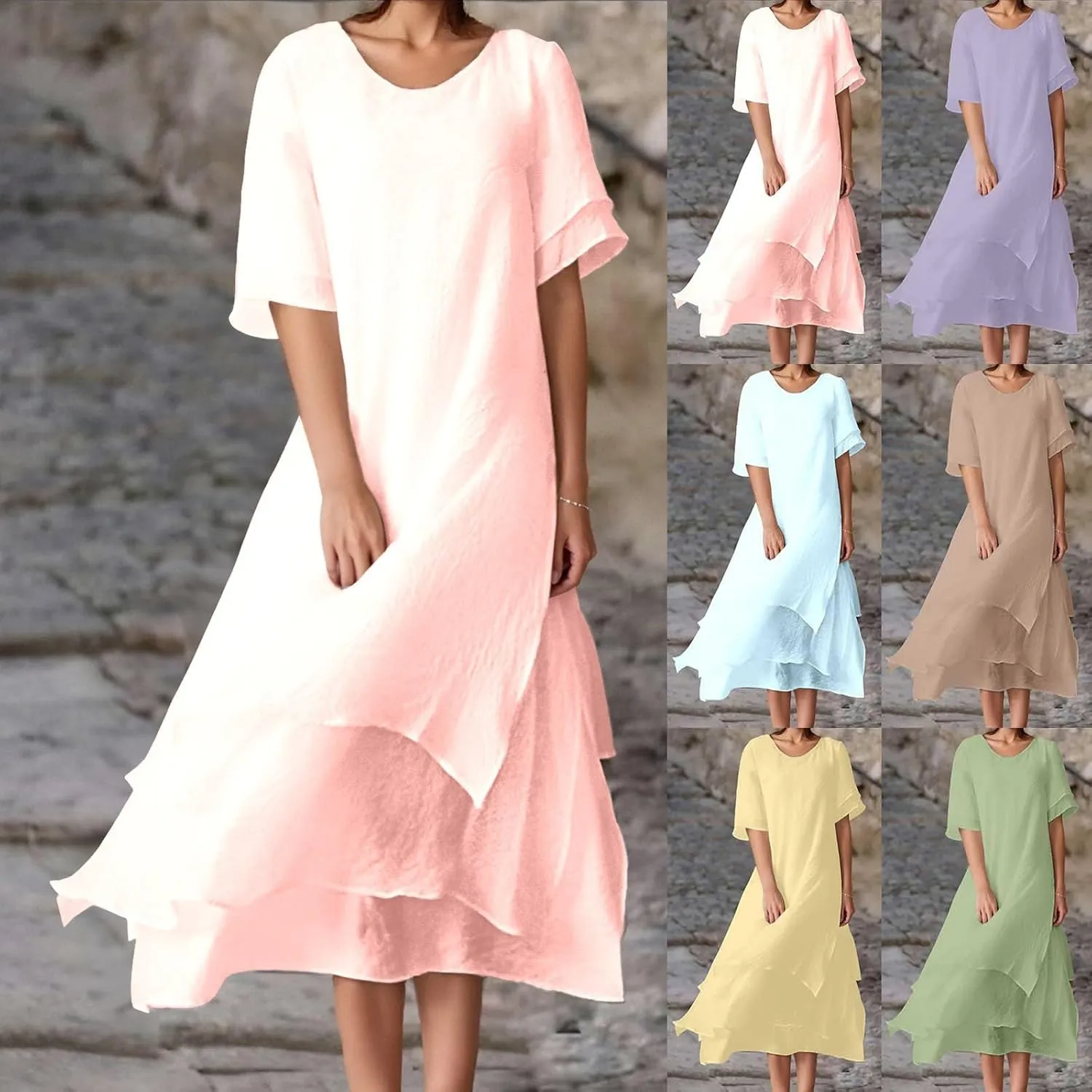 Womens Trendy Dress Layered Flowy Summer Beach Maxi Dresses Elegant Crewneck 3/4 Sleeve Casual Loose Long Skirts