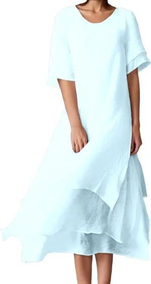 Womens Trendy Dress Layered Flowy Summer Beach Maxi Dresses Elegant Crewneck 3/4 Sleeve Casual Loose Long Skirts