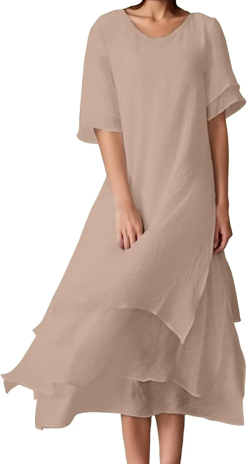 Womens Trendy Dress Layered Flowy Summer Beach Maxi Dresses Elegant Crewneck 3/4 Sleeve Casual Loose Long Skirts