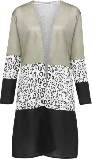 Women's Trendy Overcoat with Pockets Open Front Cardigan Coat Leopard Print Patchwork Outerwear Plus Size Thin Coats