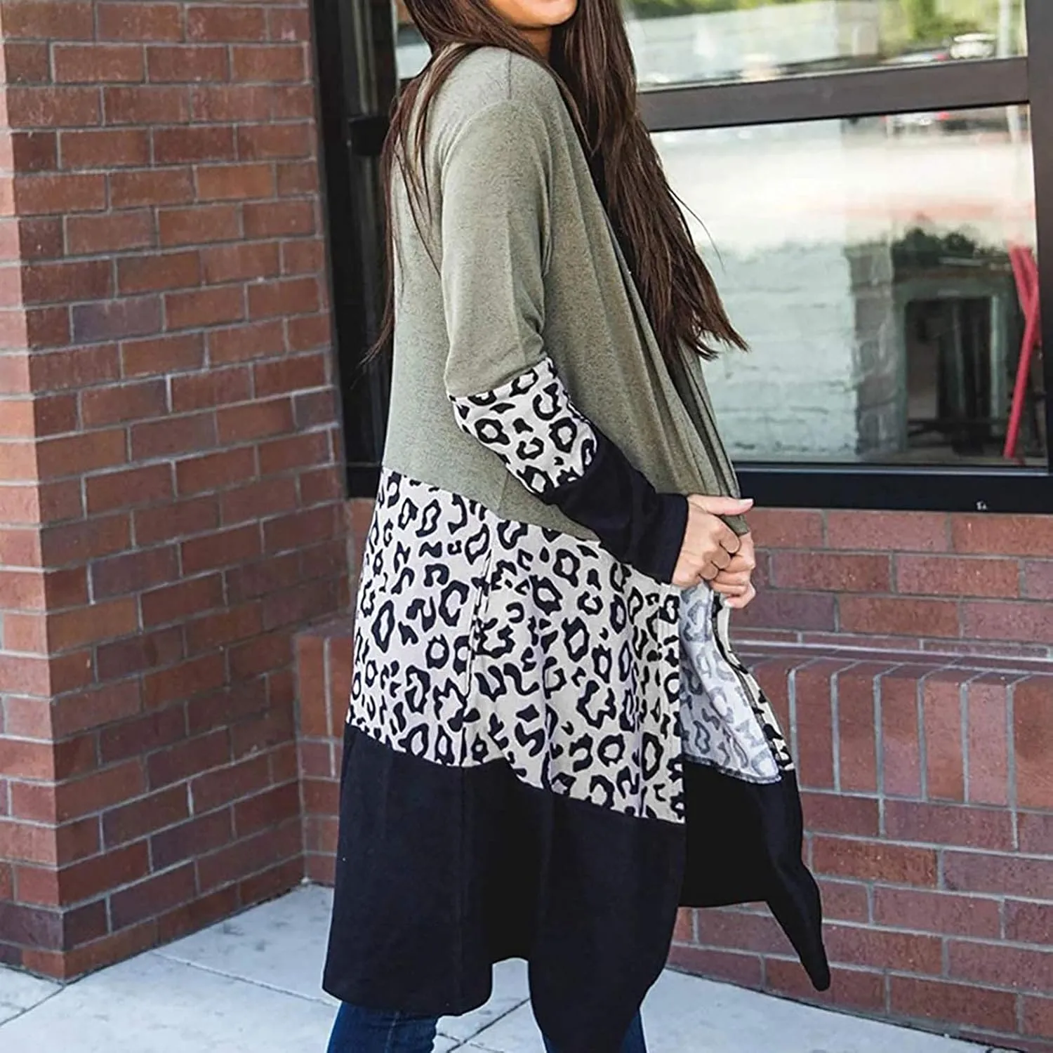 Women's Trendy Overcoat with Pockets Open Front Cardigan Coat Leopard Print Patchwork Outerwear Plus Size Thin Coats