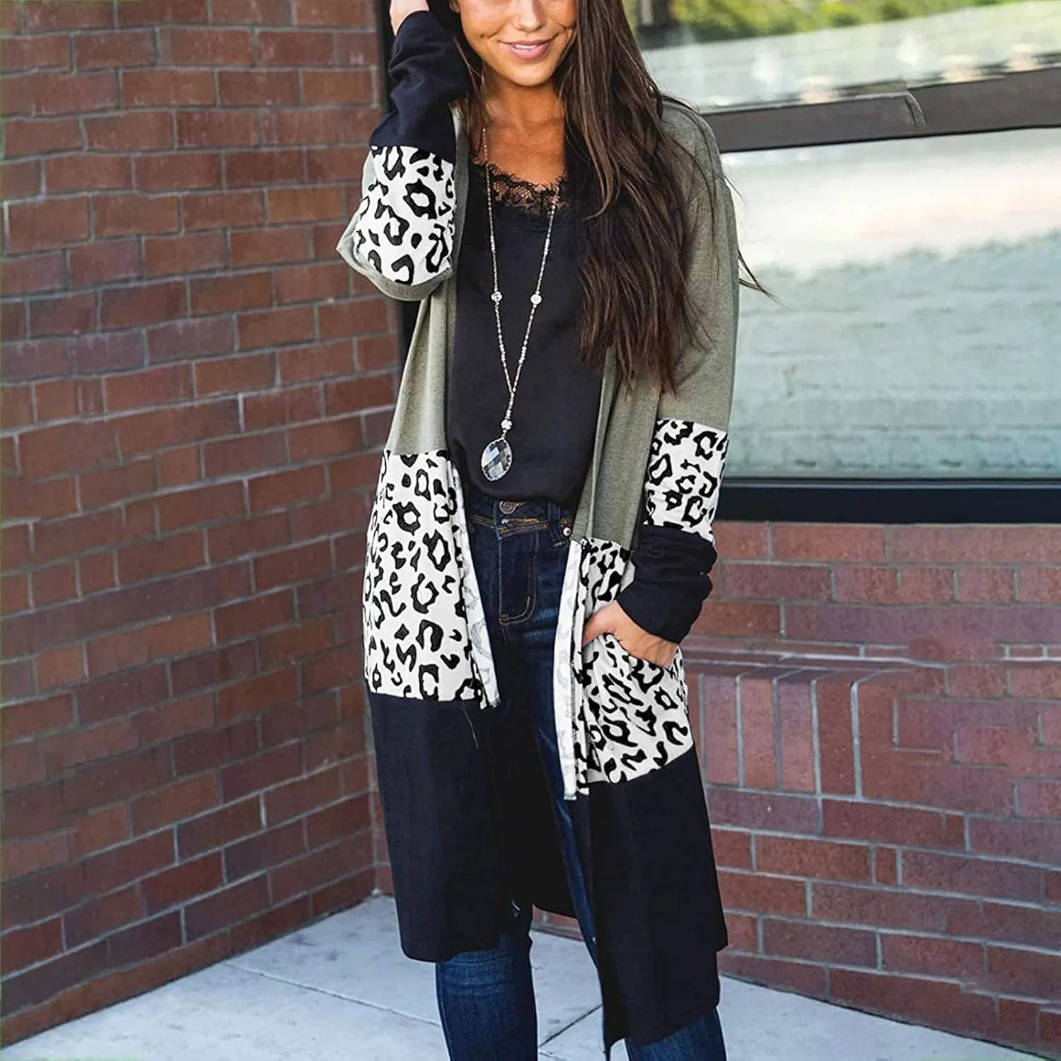 Women's Trendy Overcoat with Pockets Open Front Cardigan Coat Leopard Print Patchwork Outerwear Plus Size Thin Coats