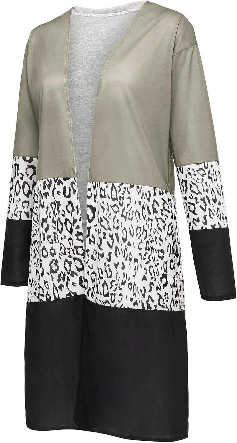 Women's Trendy Overcoat with Pockets Open Front Cardigan Coat Leopard Print Patchwork Outerwear Plus Size Thin Coats