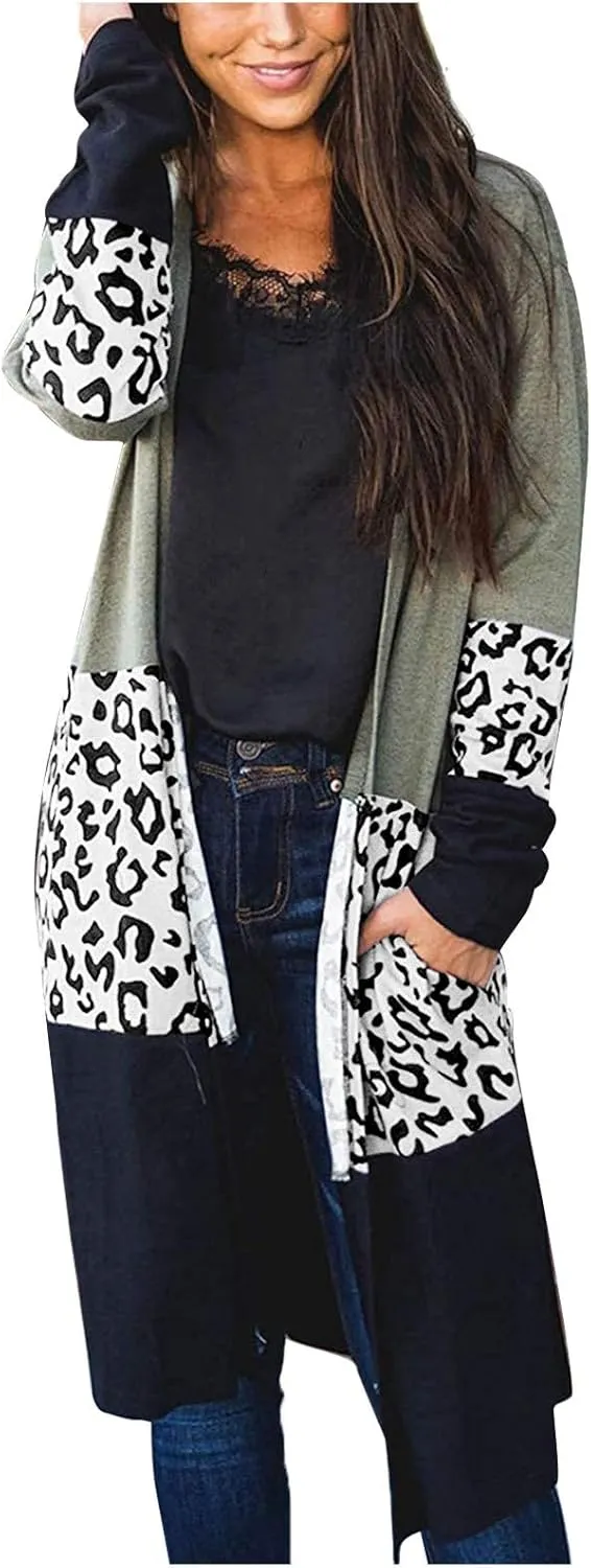 Women's Trendy Overcoat with Pockets Open Front Cardigan Coat Leopard Print Patchwork Outerwear Plus Size Thin Coats