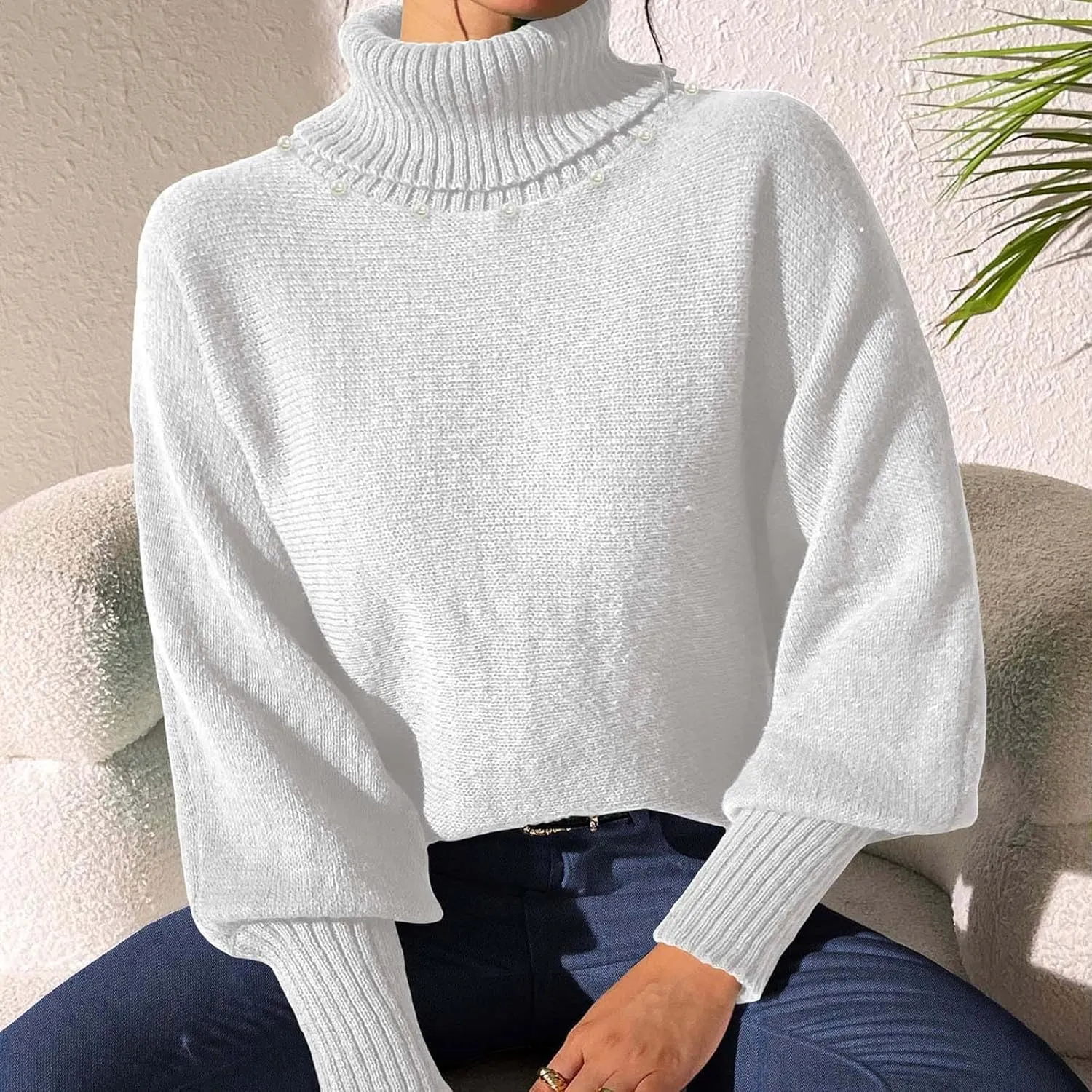 Women's Turtleneck Oversized Sweaters 2024 Fall Winter Lantern Long Sleeve Tunic Pullover Sweater Knitted Jumper Tops