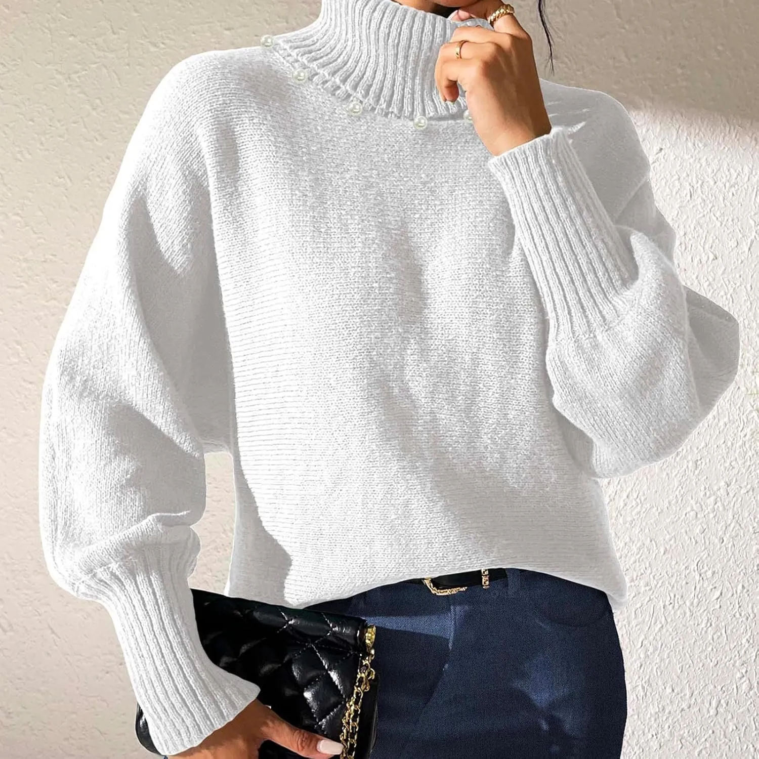 Women's Turtleneck Oversized Sweaters 2024 Fall Winter Lantern Long Sleeve Tunic Pullover Sweater Knitted Jumper Tops