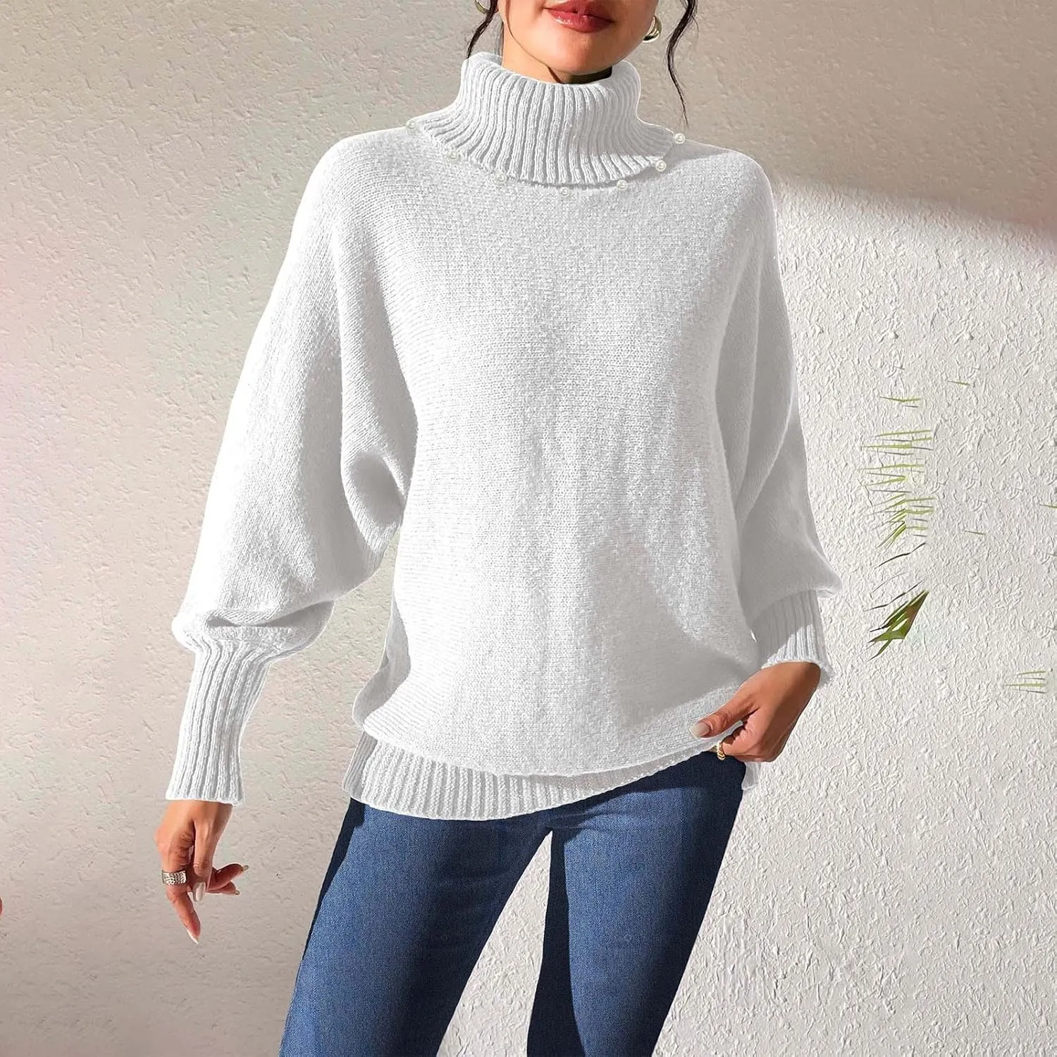 Women's Turtleneck Oversized Sweaters 2024 Fall Winter Lantern Long Sleeve Tunic Pullover Sweater Knitted Jumper Tops