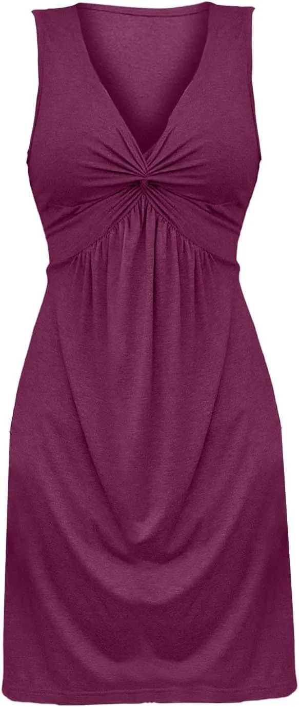 Women's Twist Front A Line V Neck Tank Dress Ruffle Summer Elegant Sleeveless Club Party Tunic Bodycon Mini Sundress