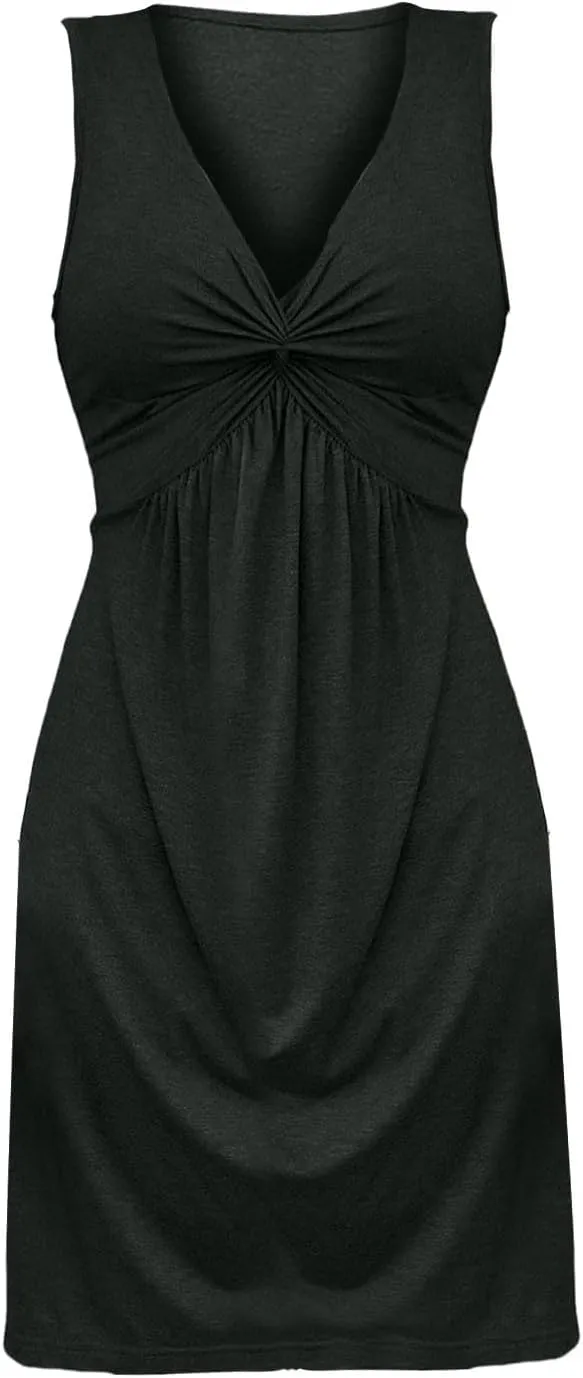 Women's Twist Front A Line V Neck Tank Dress Ruffle Summer Elegant Sleeveless Club Party Tunic Bodycon Mini Sundress