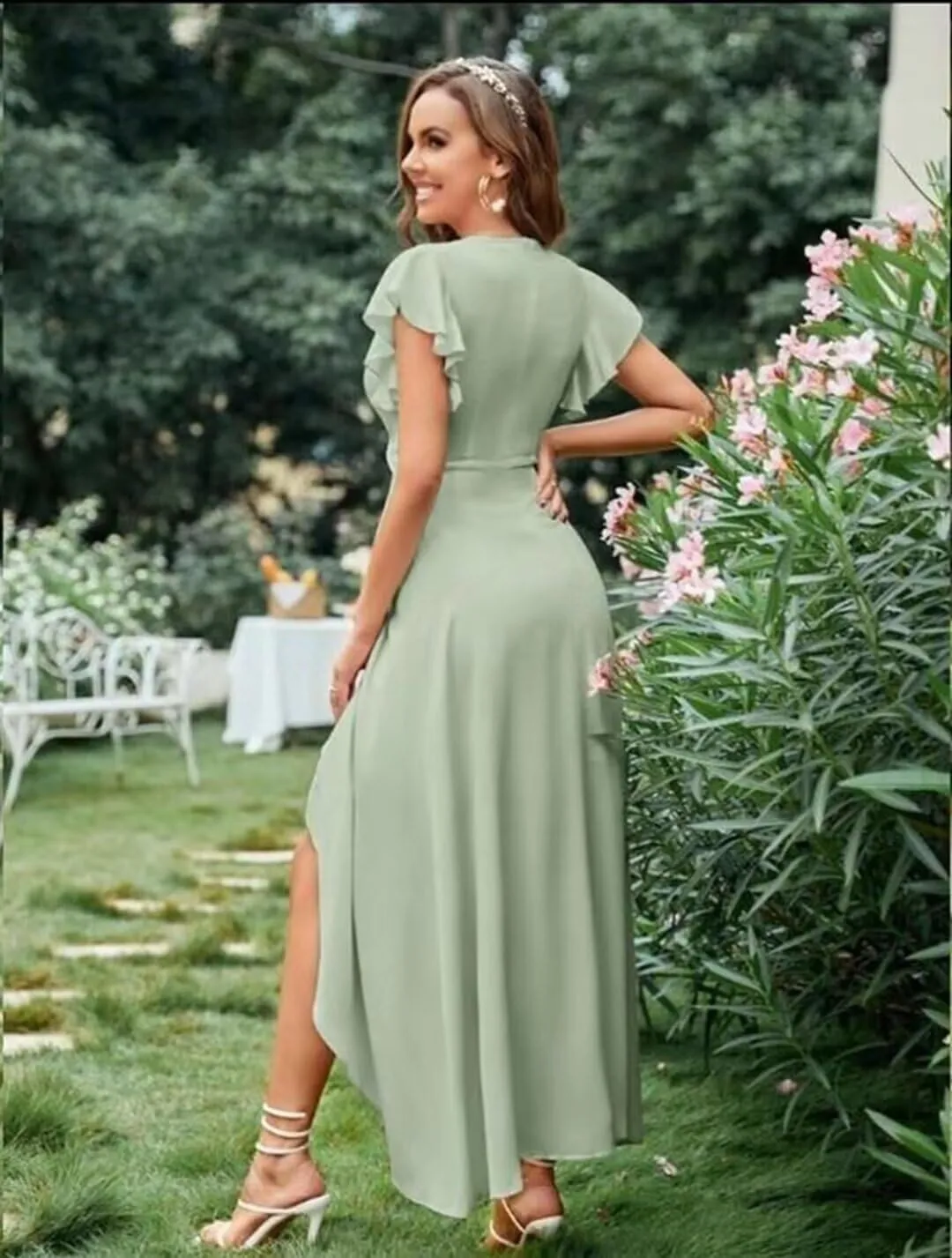 Women's V-Neck Chiffon Bridesmaid Dress 2024 High Low Ruched Prom Dress A Line Short Sleeve Formal Evening Dress